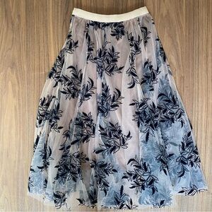 Chicwish Embroidered Tulle Midi Skirt Navy Floral Mesh Overlay Beige Lined Small